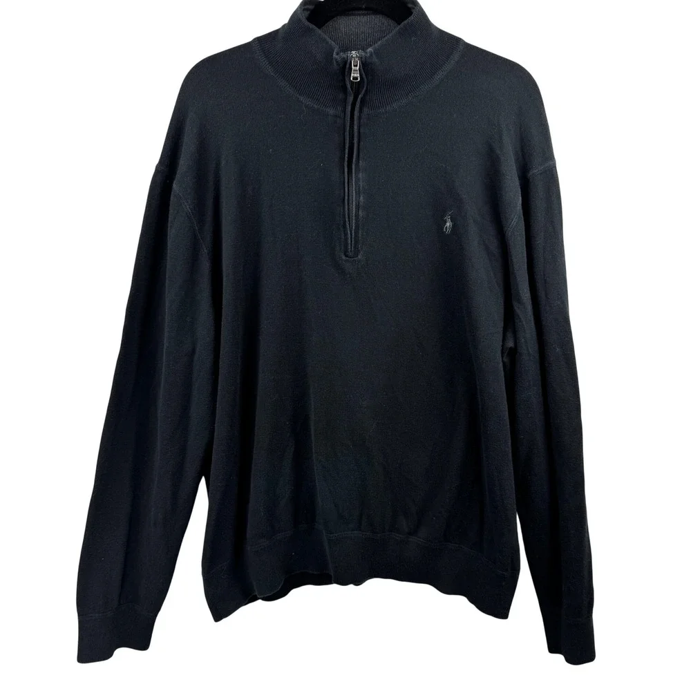 Polo Ralph Lauren Quarter Zip Sweater Mens‎ XXL Black Cotton Knit Pullover Logo
